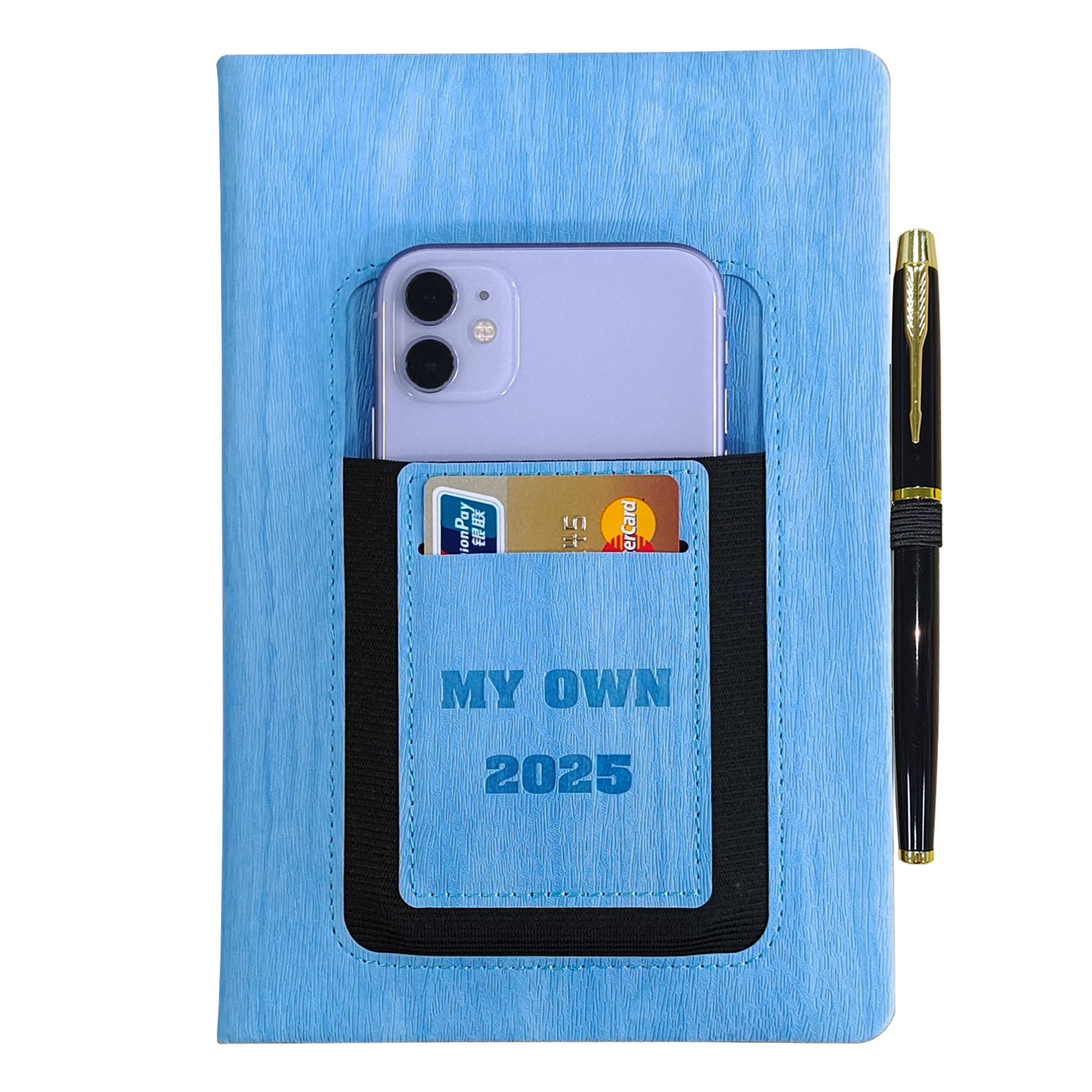2025 Planner with Phone Pocket & Pen, A5 PU Agenda Diary, Daily Weekly Monthly Layout Pages + 16 Lined Notebook Pages (Blue)