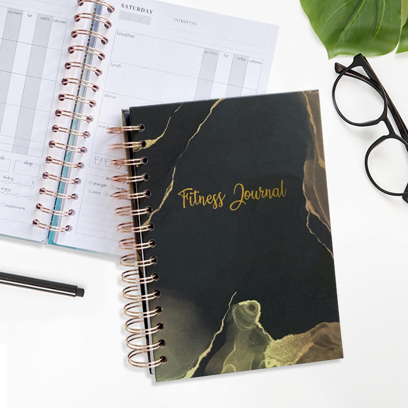Wholesale Black Cover Custom Gold Wire-O Spiral Gym Workout Diary Exercise Loose-leaf Binding Fitness Planner Notebook A5 A4