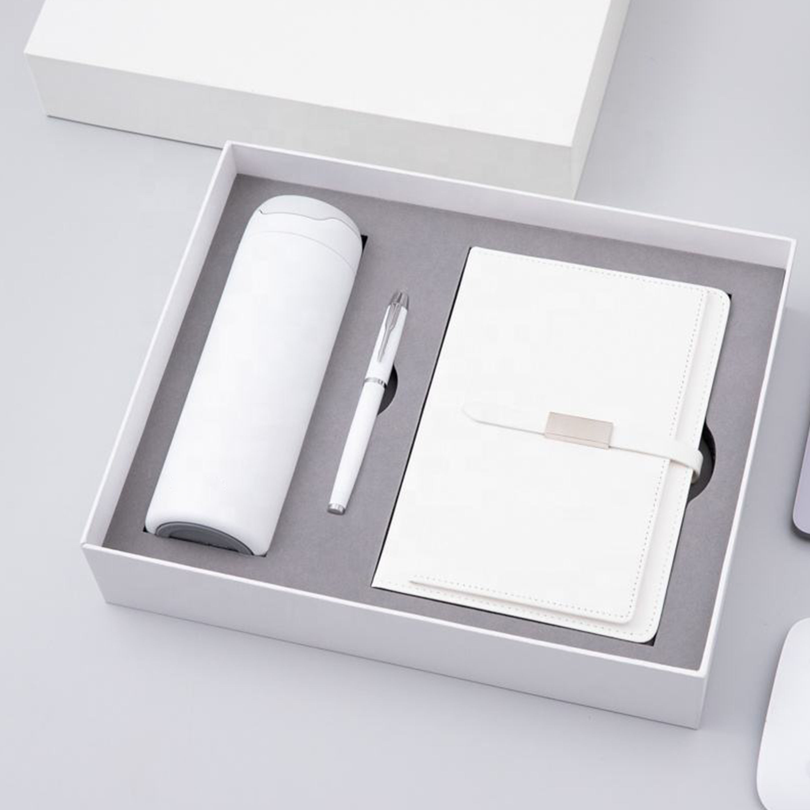 Custom Luxury White A4 A5 Notebook PU Business Gift Thermos Cup Journal With Pen Leather Notebook Gift Box Set