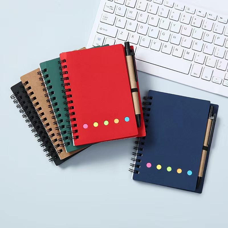 Coil Notebook Kraft Paper Cover Sticky Note Set Five-color Spiral Binding Diary with Pen Holder and PET
