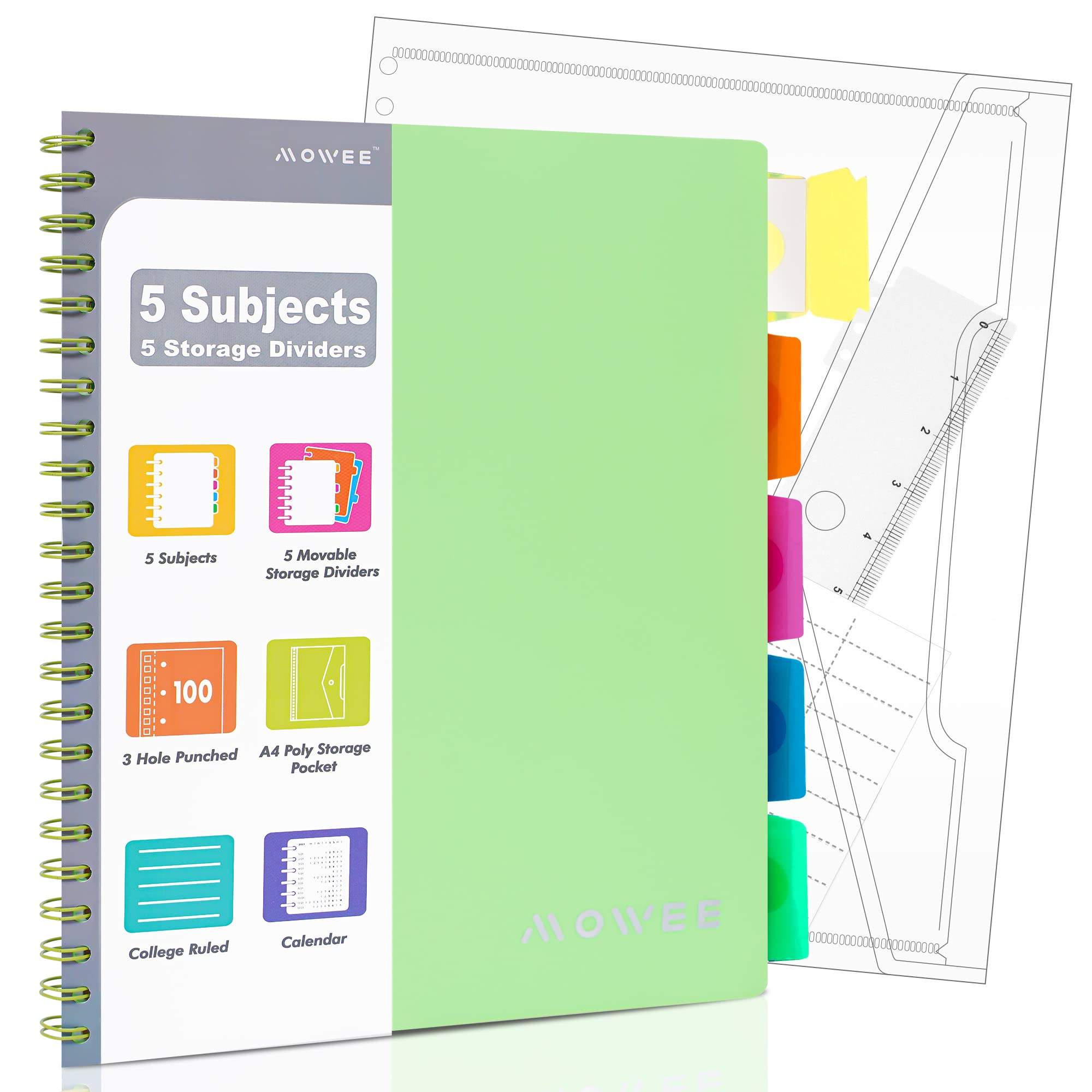 A4 Spiral Notebook 5 Subject Notebook 3-Hole Punched With Dividers Storage Pockets Notebook