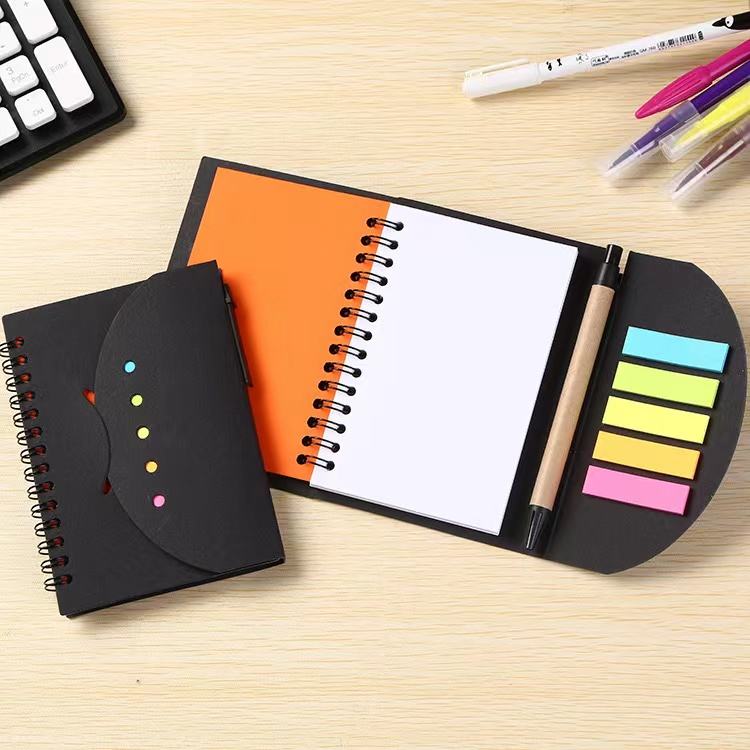 Custom Logo Eco-friendly A5 Spiral Notebook Folding Kraft Cover Memo Sticky Notepad with Pen Promotion Small Book