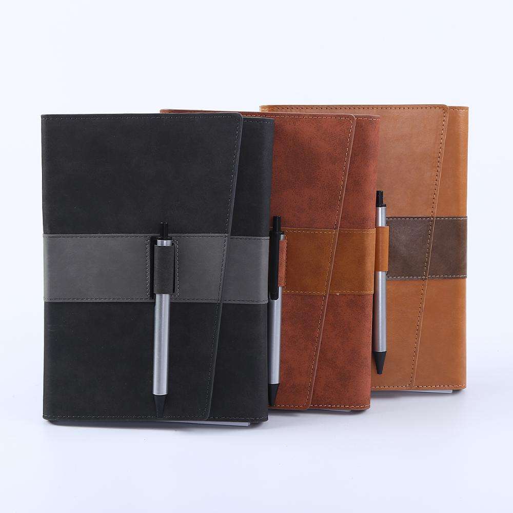 High Quality Custom Design Pu Leather Emboss logo Three Folds Pocket Notebook with Pen