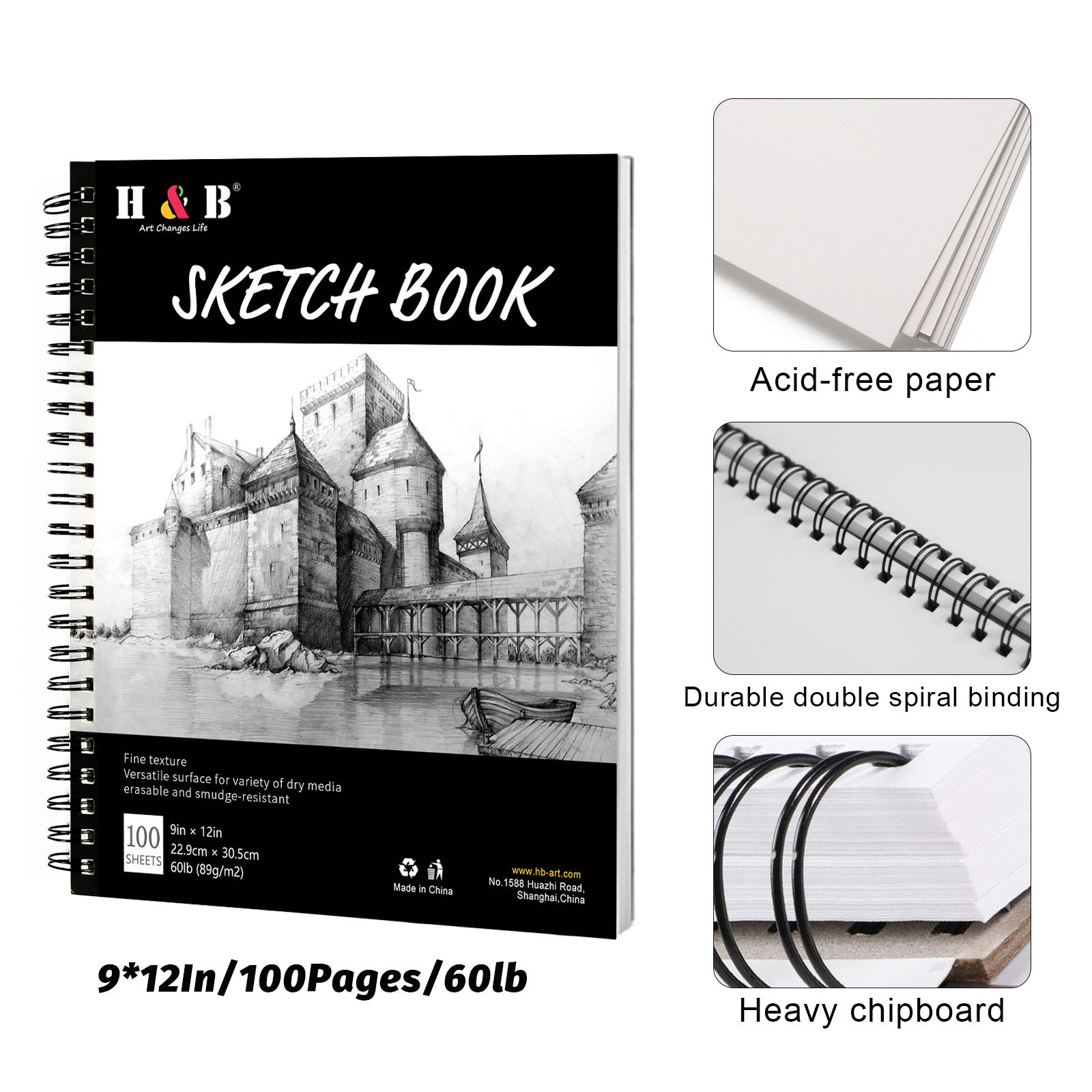 Custom Cover Spiral Binding 9 X 12 Inches 100 Sheets Art Drawing Hardcover Writing Paper Set and Sketch Book