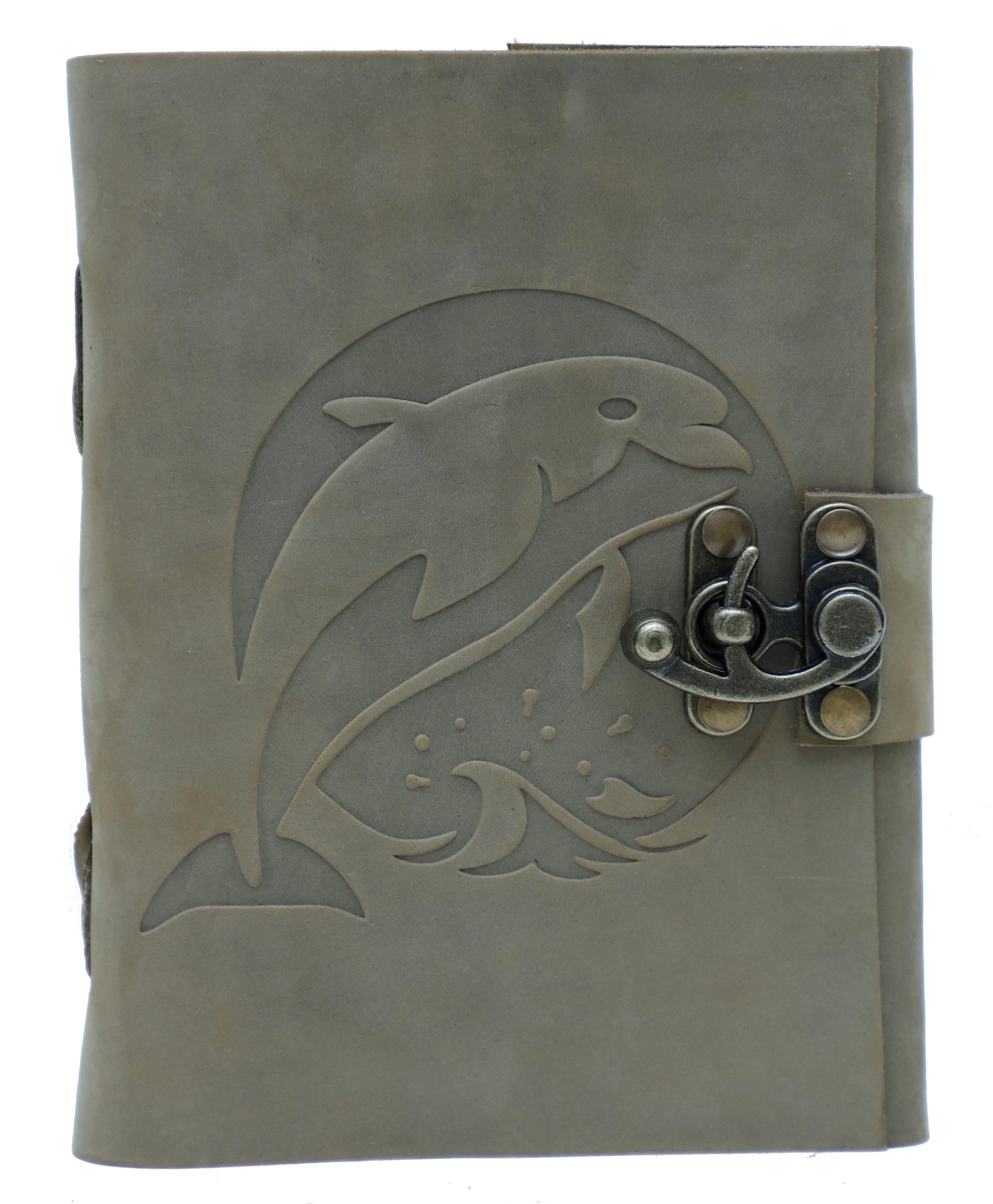 Handmade Soft 100% Genuine Leather Grey Color Journal Dolphin Design Embossed Notebook & Sketchbook Journals Diary for Best Gift
