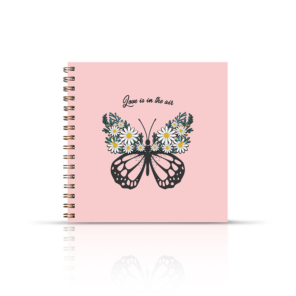 Custom Logo Pink Butterfly Design A4 Square Spiral Hardcover Planning Gift Diary Office Journal Notebook