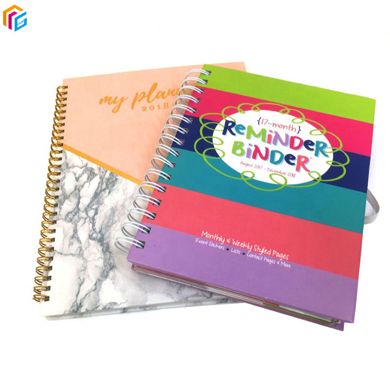 Hard Cover Custom Printing A5 Gold Spiral Journal Diaries Notebook Daily Weekly Monthly Planner with Divider Tabs Sticker Pocket