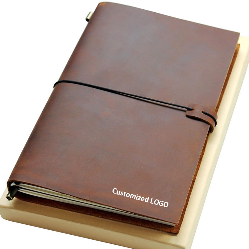 Customize Crazy Horse Leather Notebook Custom Embossed Logo Genuine Leather SketchBook Notebook with Refill Watercolor Paper