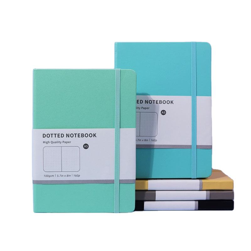 Low MOQ Customized Printing A5 Size Hardcover Dotted & Lined 100gsm Paper Blank Notebook With Elastic Band and Pocket