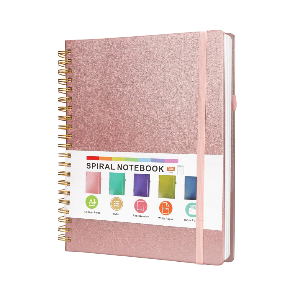 GuanQiao 8.5 X 11 College Ruled Spiral Notebook 300 Page A4 Lined Meeting Journal Rose Gold Leather Hardcover Work Note Taking