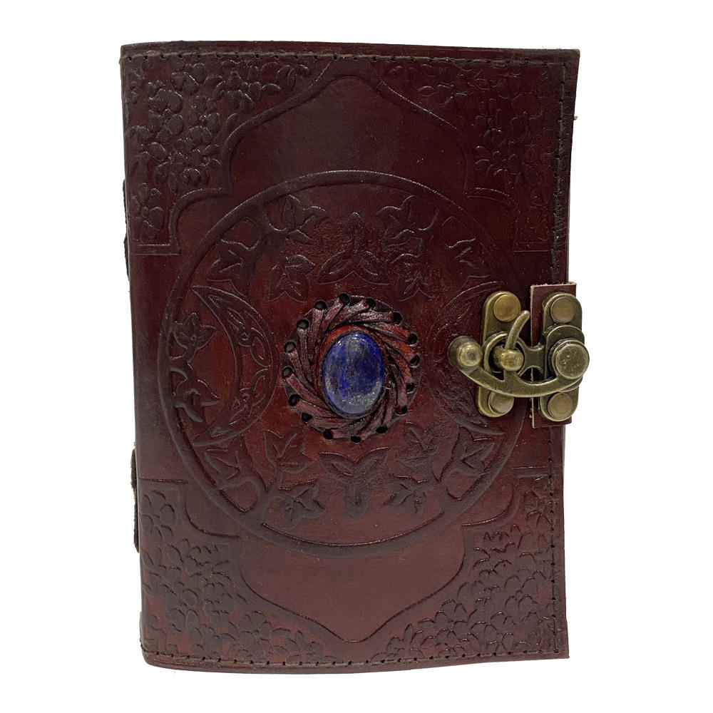 Book of Shadows Leather Journal Embossed Celtic Triple Moon With Third Eye Stone Handmade Notebook & Sketchbook