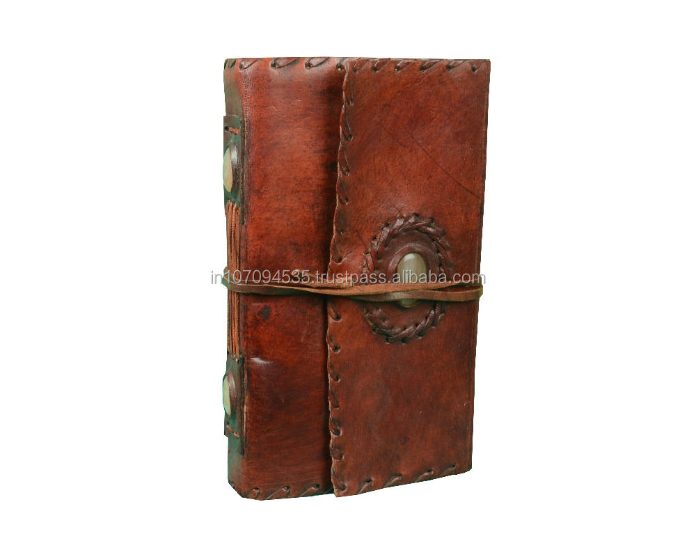 Stone Embedded Genuine Leather Handmade Flap Journal Wrap Around Notebook School Supplies Book Side Stitch White Papers A5 Diary